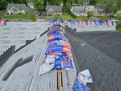 3D animation of a roof featuring tar and plastic bags, illustrating roofing design concepts in New Jersey.